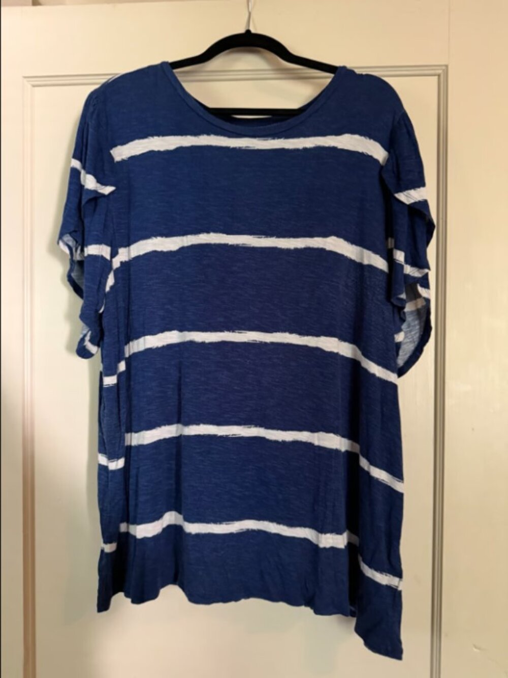Blue and white stripe Olive Flutter sleeve Top 3X